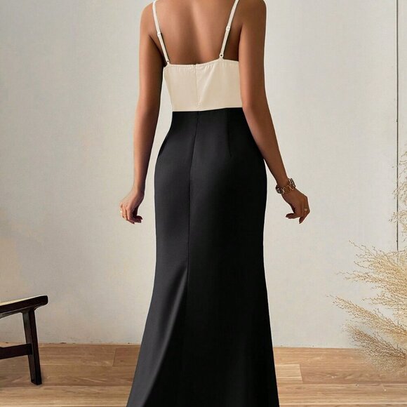 Multicolor Elegant Women's Spaghetti Strap Maxi Dress With Color Block Patchwork - Picture 3 of 8